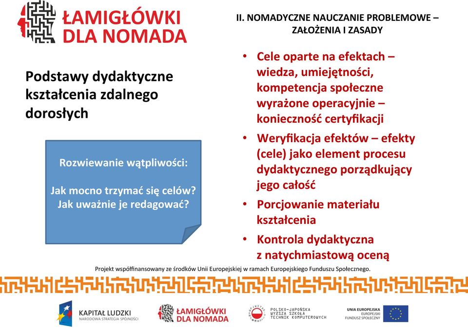 NOMADYCZNE NAUCZANIE PROBLEMOWE ZAŁOŻENIA I ZASADY Cele oparte na efektach wiedza, umiejętności, kompetencja