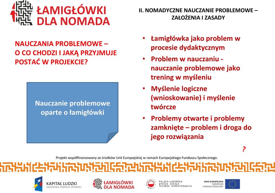 Nauczanie problemowe oparte o łamigłówki Łamigłówka jako problem w procesie dydaktycznym Problem w