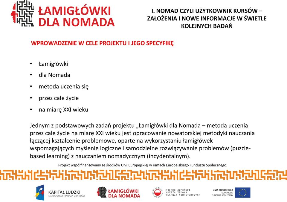 na miarę XXI wieku Jednym z podstawowych zadań projektu Łamigłówki dla Nomada metoda uczenia przez całe życie na miarę XXI wieku jest