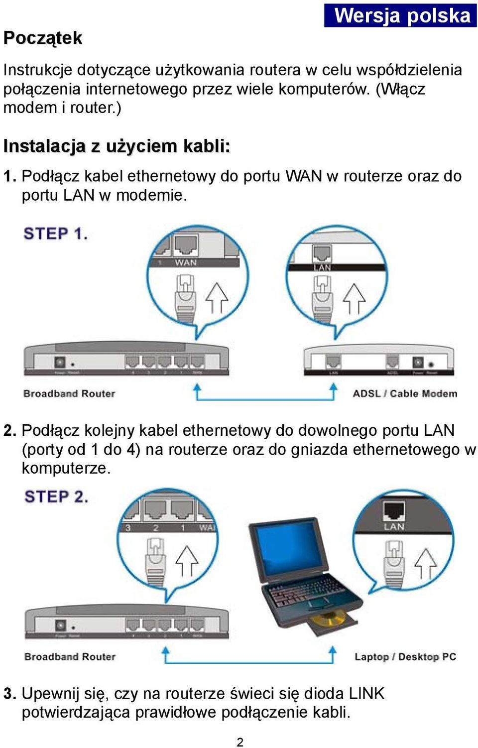 (Włącz modem i router.) Instalacja z użyciem kabli: 1.