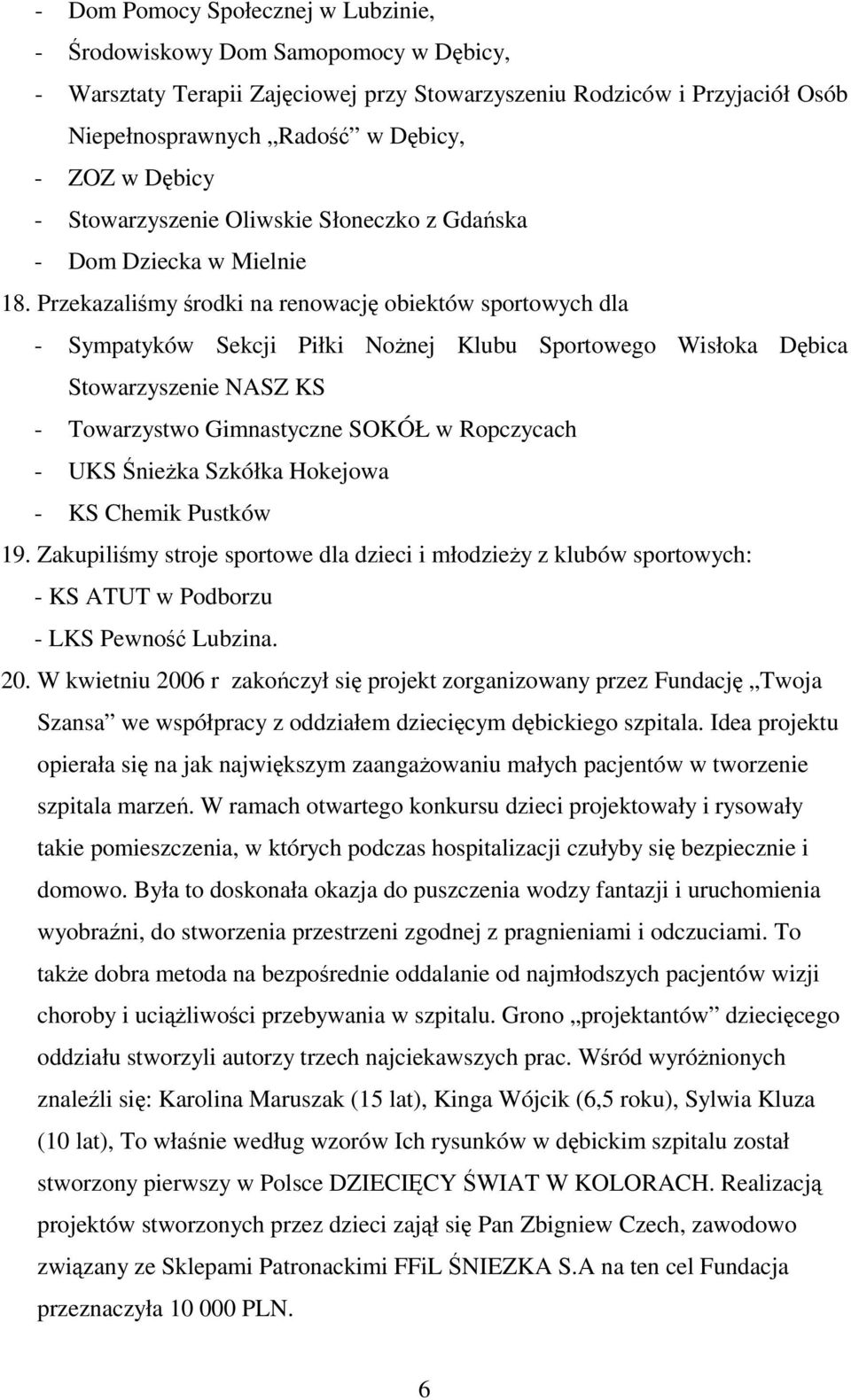 Przekazalimy rodki na renowacj obiektów sportowych dla - Sympatyków Sekcji Piłki Nonej Klubu Sportowego Wisłoka Dbica Stowarzyszenie NASZ KS - Towarzystwo Gimnastyczne SOKÓŁ w Ropczycach - UKS nieka