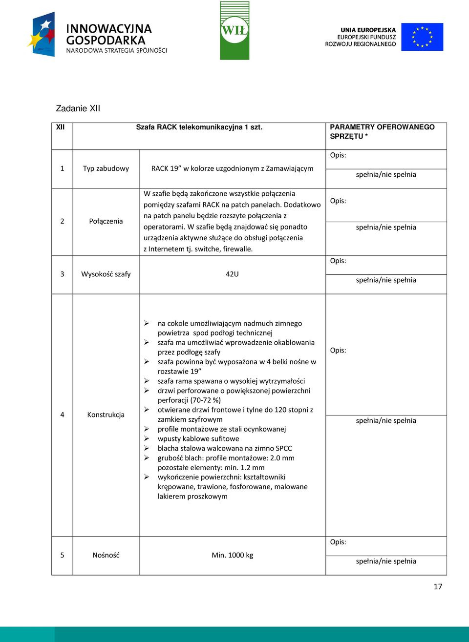 Dodatkowo na patch panelu będzie rozszyte połączenia z operatorami. W szafie będą znajdować się ponadto urządzenia aktywne służące do obsługi połączenia z Internetem tj. switche, firewalle.