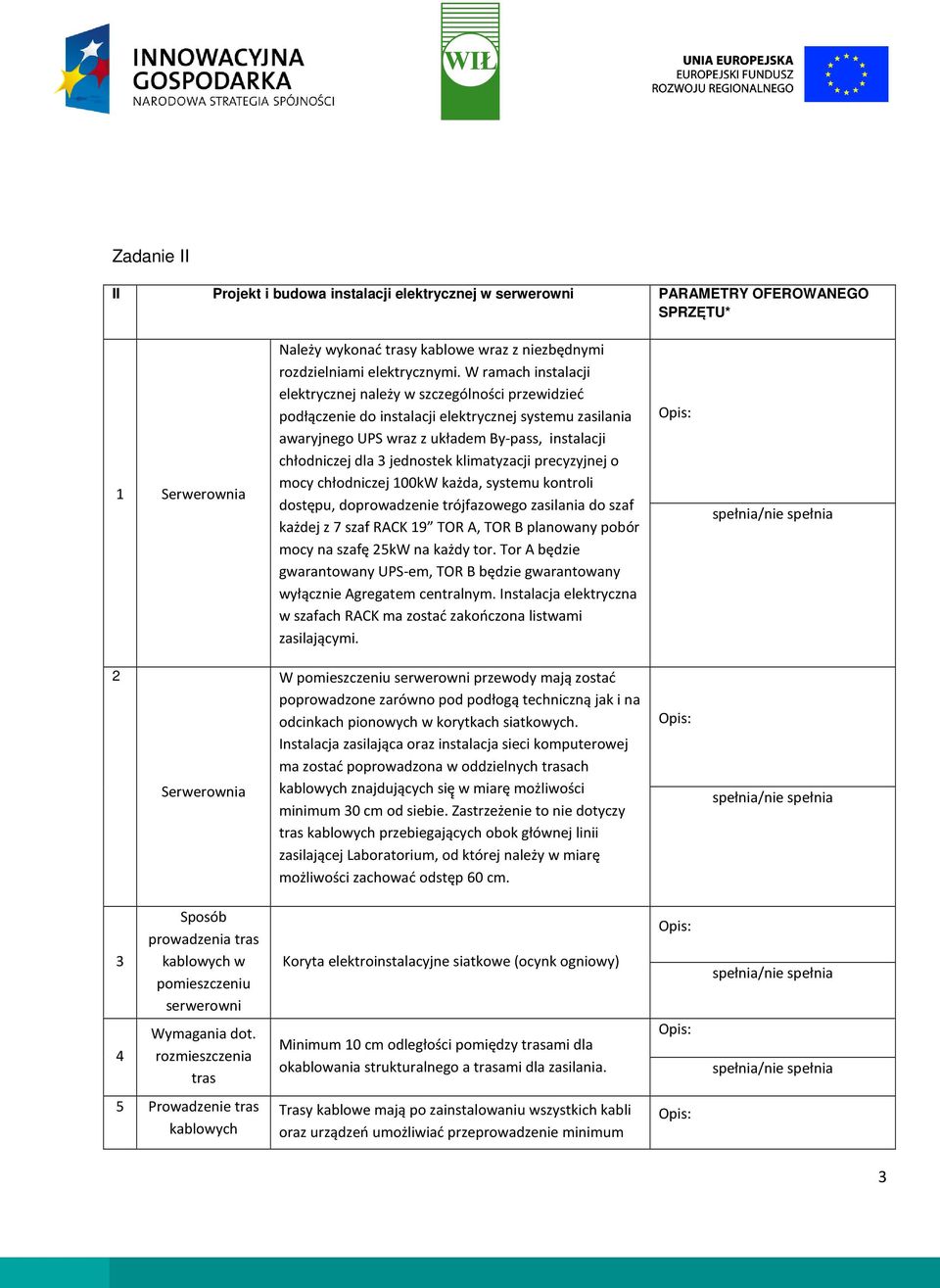 jednostek klimatyzacji precyzyjnej o mocy chłodniczej 100kW każda, systemu kontroli dostępu, doprowadzenie trójfazowego zasilania do szaf każdej z 7 szaf RACK 19 TOR A, TOR B planowany pobór mocy na