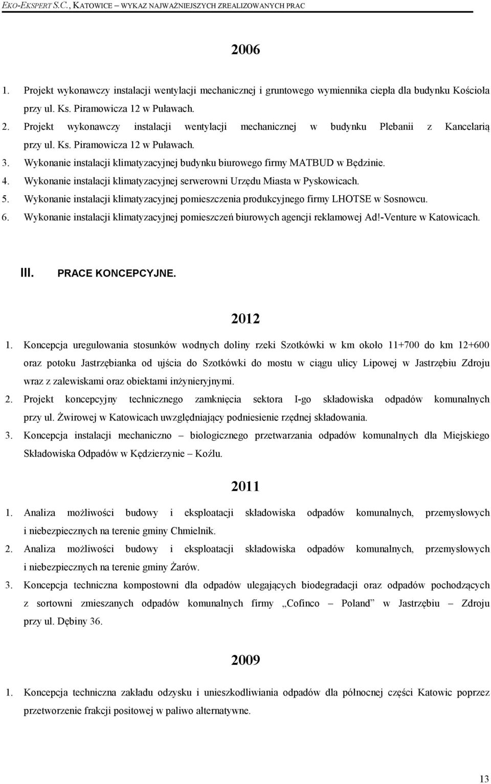 Wykonanie instalacji klimatyzacyjnej budynku biurowego firmy MATBUD w Będzinie. 4. Wykonanie instalacji klimatyzacyjnej serwerowni Urzędu Miasta w Pyskowicach. 5.