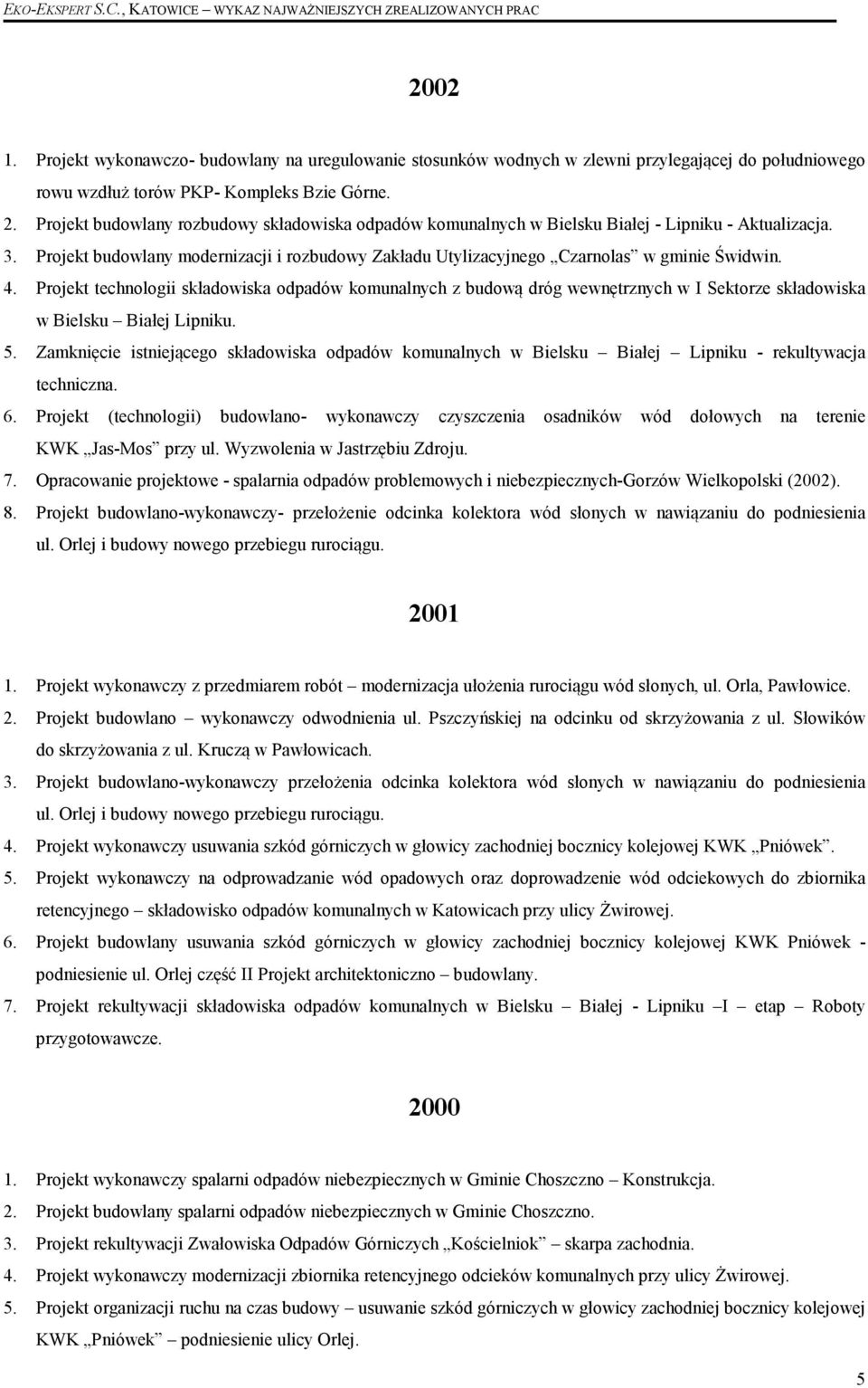 4. Projekt technologii składowiska odpadów komunalnych z budową dróg wewnętrznych w I Sektorze składowiska w Bielsku Białej Lipniku. 5.