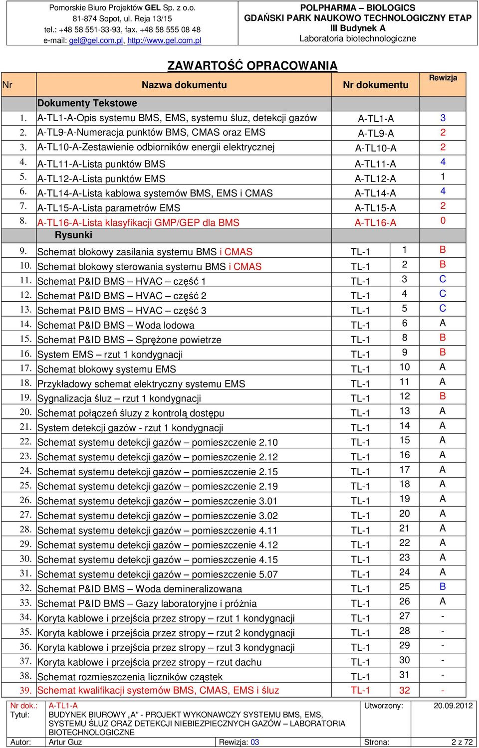 A-TL14-A-Lista kablowa systemów BMS, EMS i CMAS A-TL14-A 4 7. A-TL15-A-Lista parametrów EMS A-TL15-A 2 8. A-TL16-A-Lista klasyfikacji GMP/GEP dla BMS A-TL16-A 0 Rysunki 9.