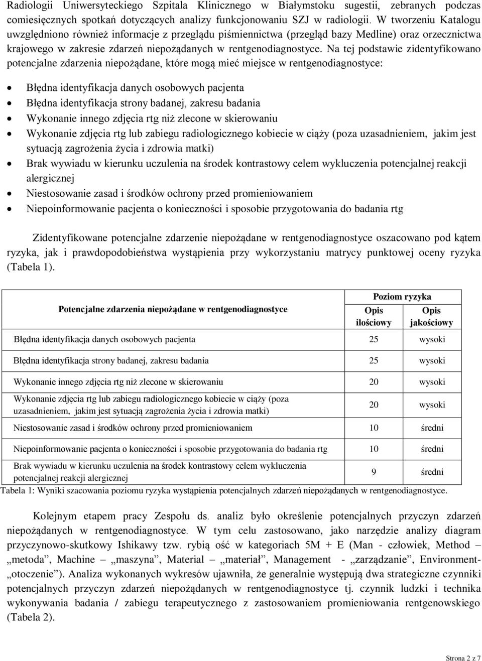 Na tej podstawie zidentyfikowano potencjalne zdarzenia niepożądane, które mogą mieć miejsce w rentgenodiagnostyce: Błędna identyfikacja danych osobowych pacjenta Błędna identyfikacja strony badanej,