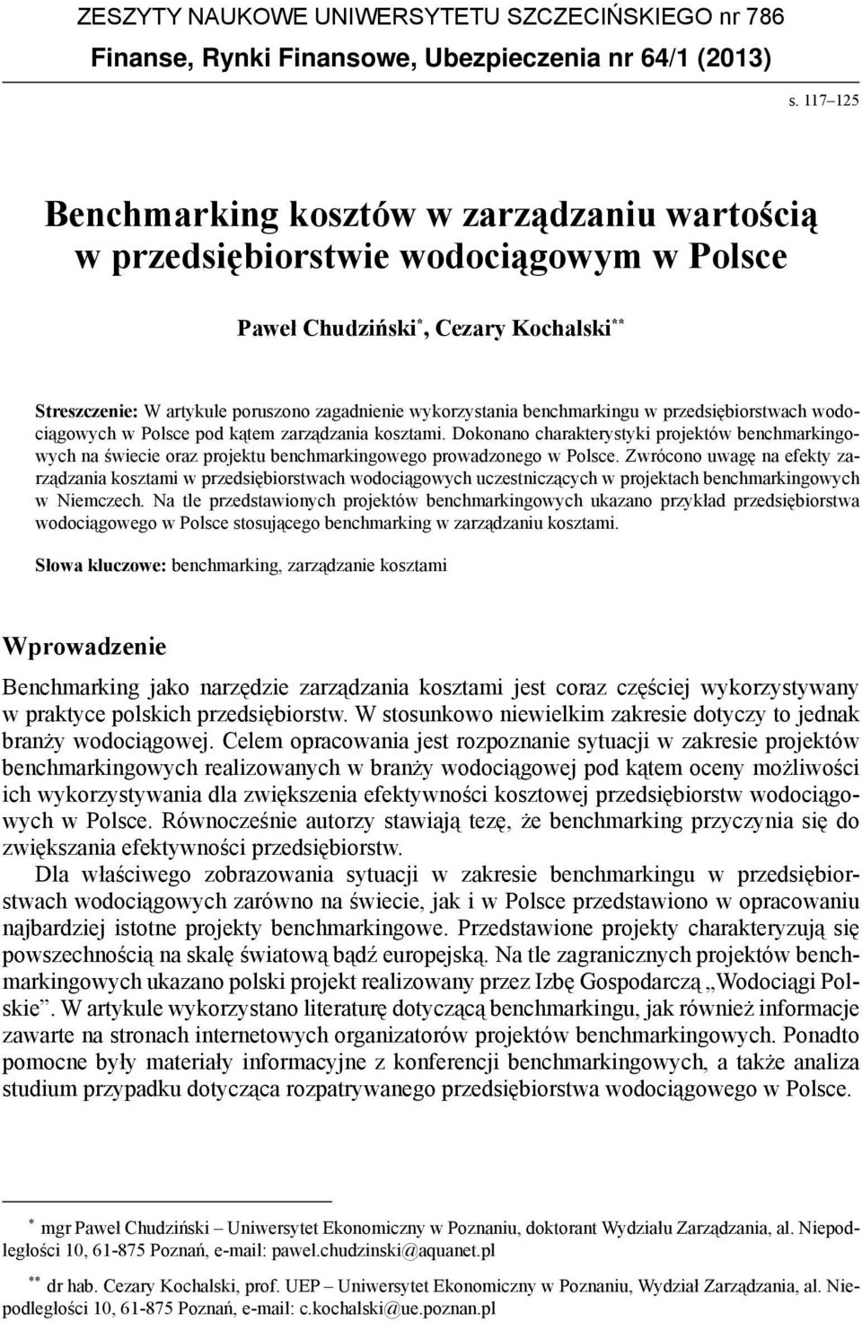 benchmarkingu w przedsiębiorstwach wodociągowych w Polsce pod kątem zarządzania kosztami.