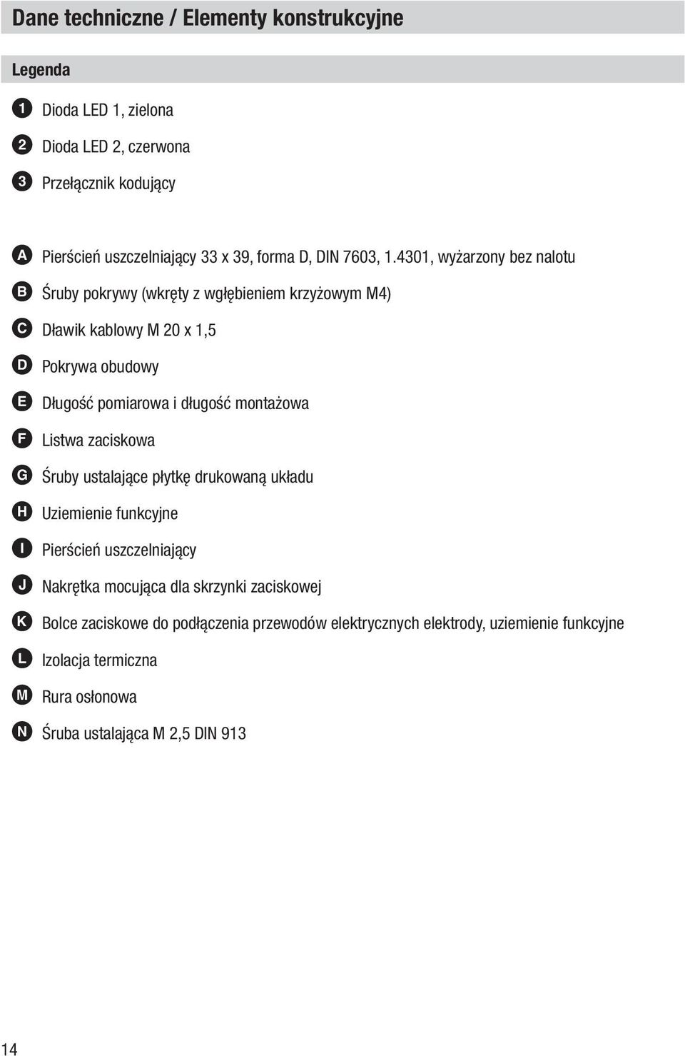 4301, wyżarzony bez nalotu B Śruby pokrywy (wkręty z wgłębieniem krzyżowym M4) C Dławik kablowy M 20 x 1,5 D Pokrywa obudowy E Długość pomiarowa i długość montażowa