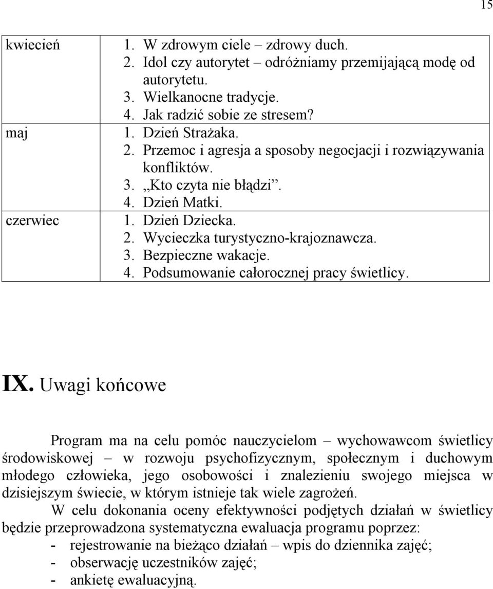 IX. Uwagi końcowe Program ma na celu pomóc nauczycielom wychowawcom świetlicy środowiskowej w rozwoju psychofizycznym, społecznym i duchowym młodego człowieka, jego osobowości i znalezieniu swojego