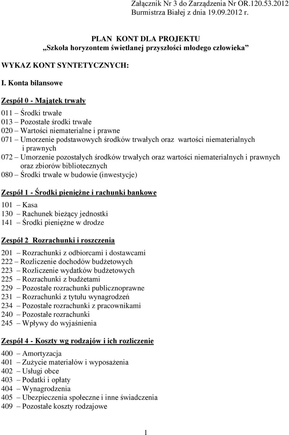 prawnych 072 Umorzenie pozostałych środków trwałych oraz wartości niematerialnych i prawnych oraz zbiorów bibliotecznych 080 Środki trwałe w budowie (inwestycje) Zespół 1 - Środki pieniężne i