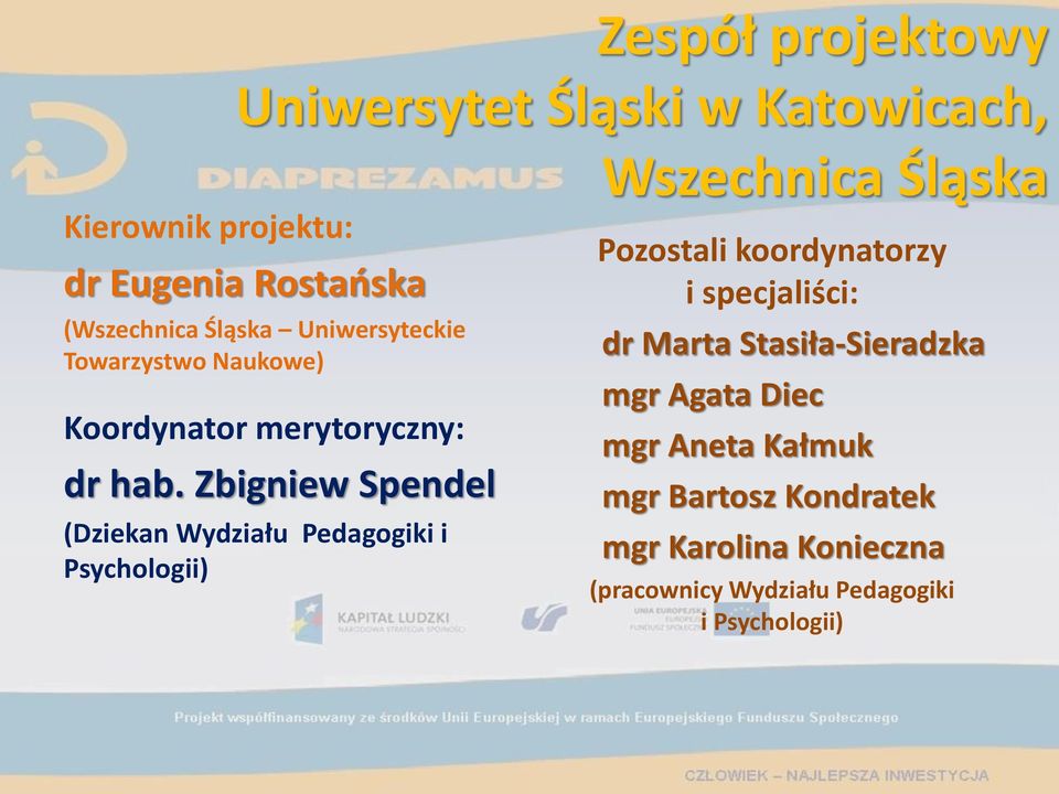 Zbigniew Spendel (Dziekan Wydziału Pedagogiki i Psychologii) Wszechnica Śląska Pozostali koordynatorzy i