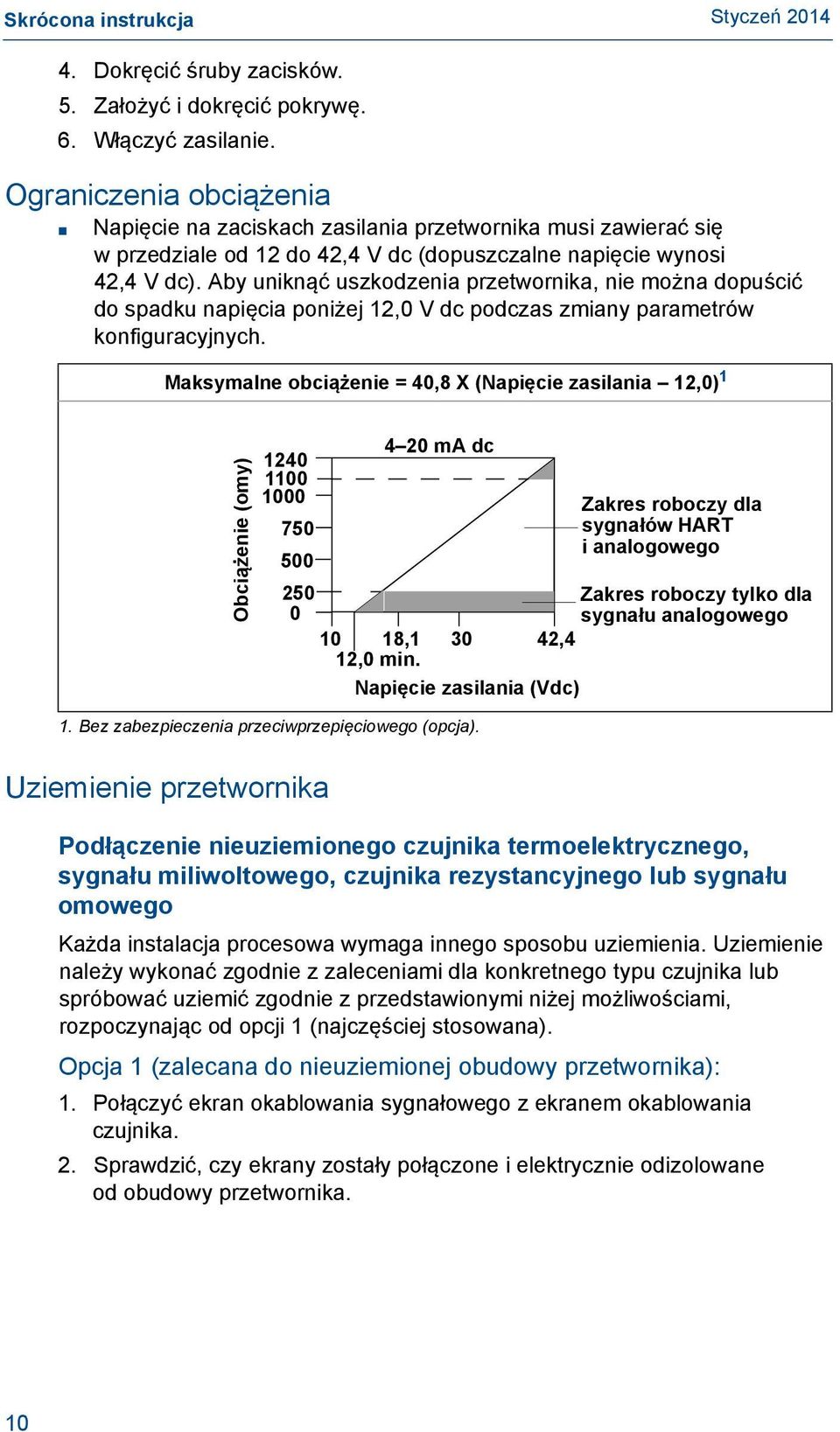 Aby uniknąć uszkodzenia przetwornika, nie można dopuścić do spadku napięcia poniżej 12,0 V dc podczas zmiany parametrów konfiguracyjnych.