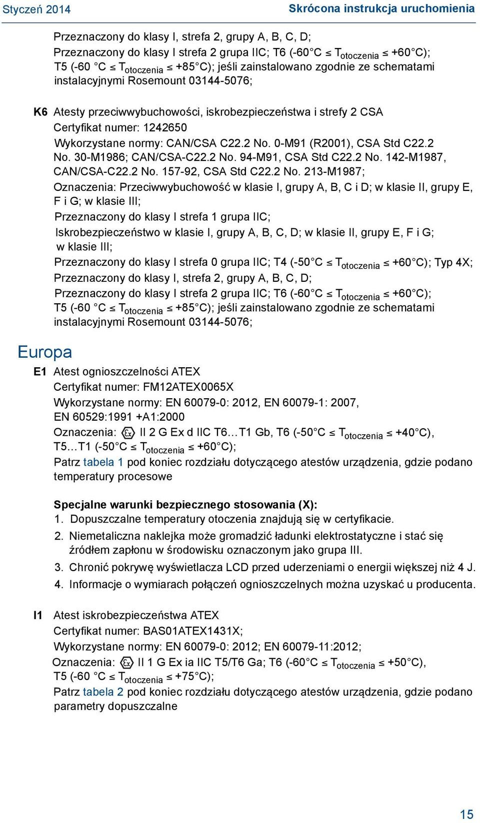 2 No. 0-M91 (R2001), CSA Std C22.2 No. 30-M1986; CAN/CSA-C22.2 No. 94-M91, CSA Std C22.2 No. 142-M1987, CAN/CSA-C22.2 No. 157-92, CSA Std C22.2 No. 213-M1987; Oznaczenia: Przeciwwybuchowość w klasie