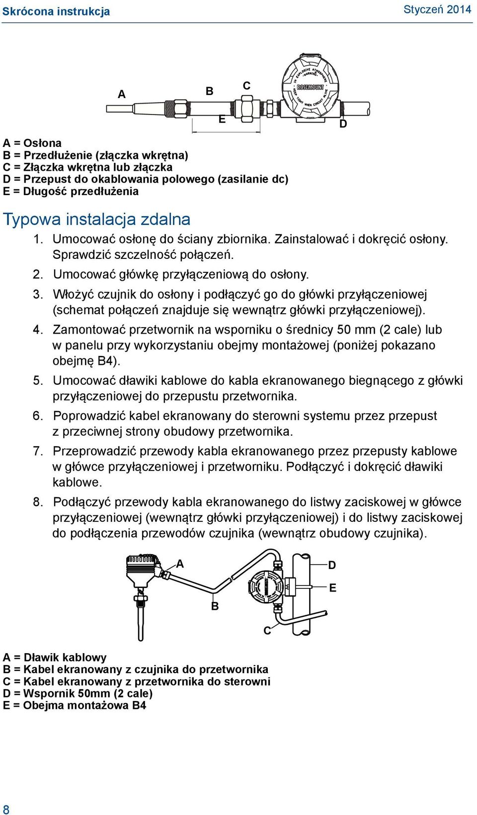 Włożyć czujnik do osłony i podłączyć go do główki przyłączeniowej (schemat połączeń znajduje się wewnątrz główki przyłączeniowej). 4.