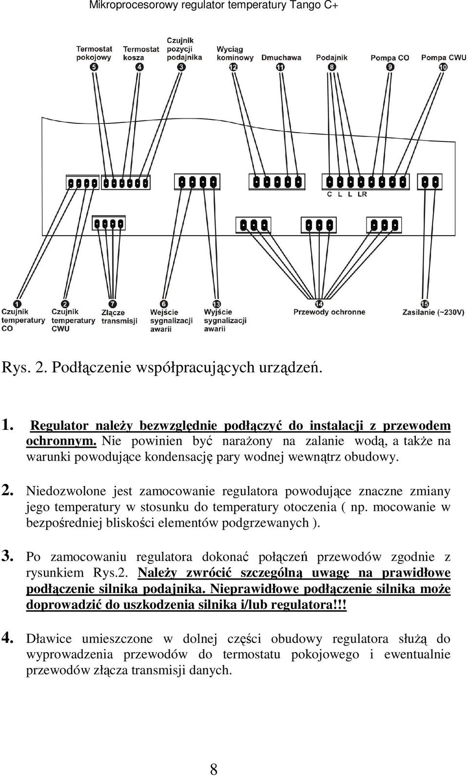 Niedozwolone jest zamocowanie regulatora powodujące znaczne zmiany jego temperatury w stosunku do temperatury otoczenia ( np. mocowanie w bezpośredniej bliskości elementów podgrzewanych ). 3.