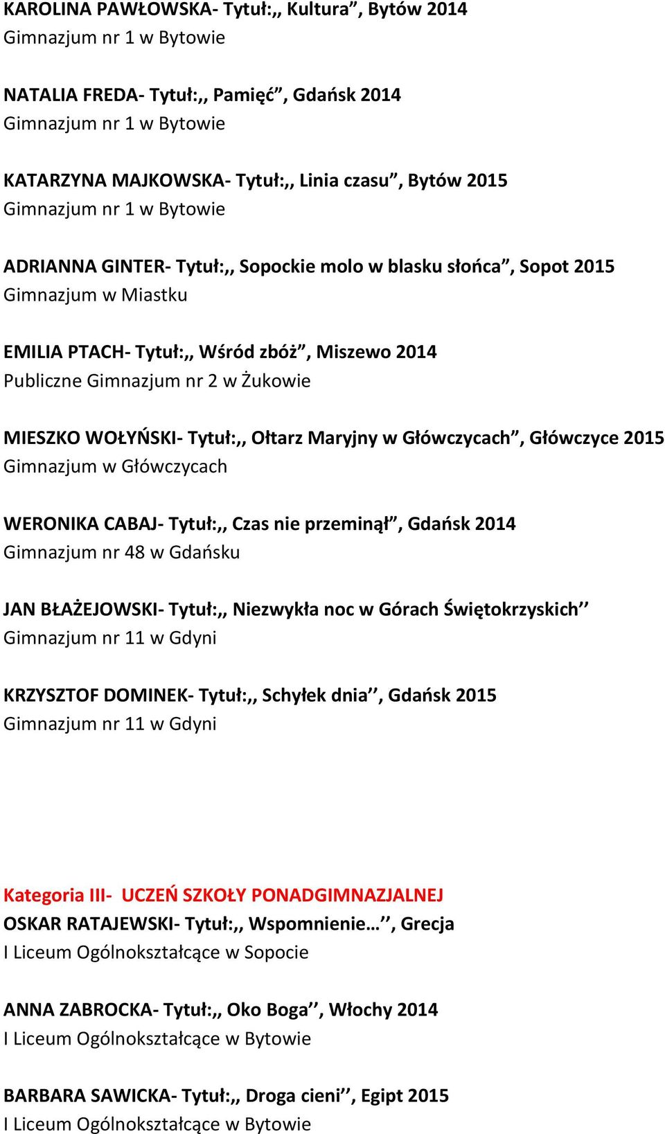 Gimnazjum w Główczycach WERONIKA CABAJ- Tytuł:,, Czas nie przeminął, Gdańsk 2014 Gimnazjum nr 48 w Gdańsku JAN BŁAŻEJOWSKI- Tytuł:,, Niezwykła noc w Górach Świętokrzyskich Gimnazjum nr 11 w Gdyni