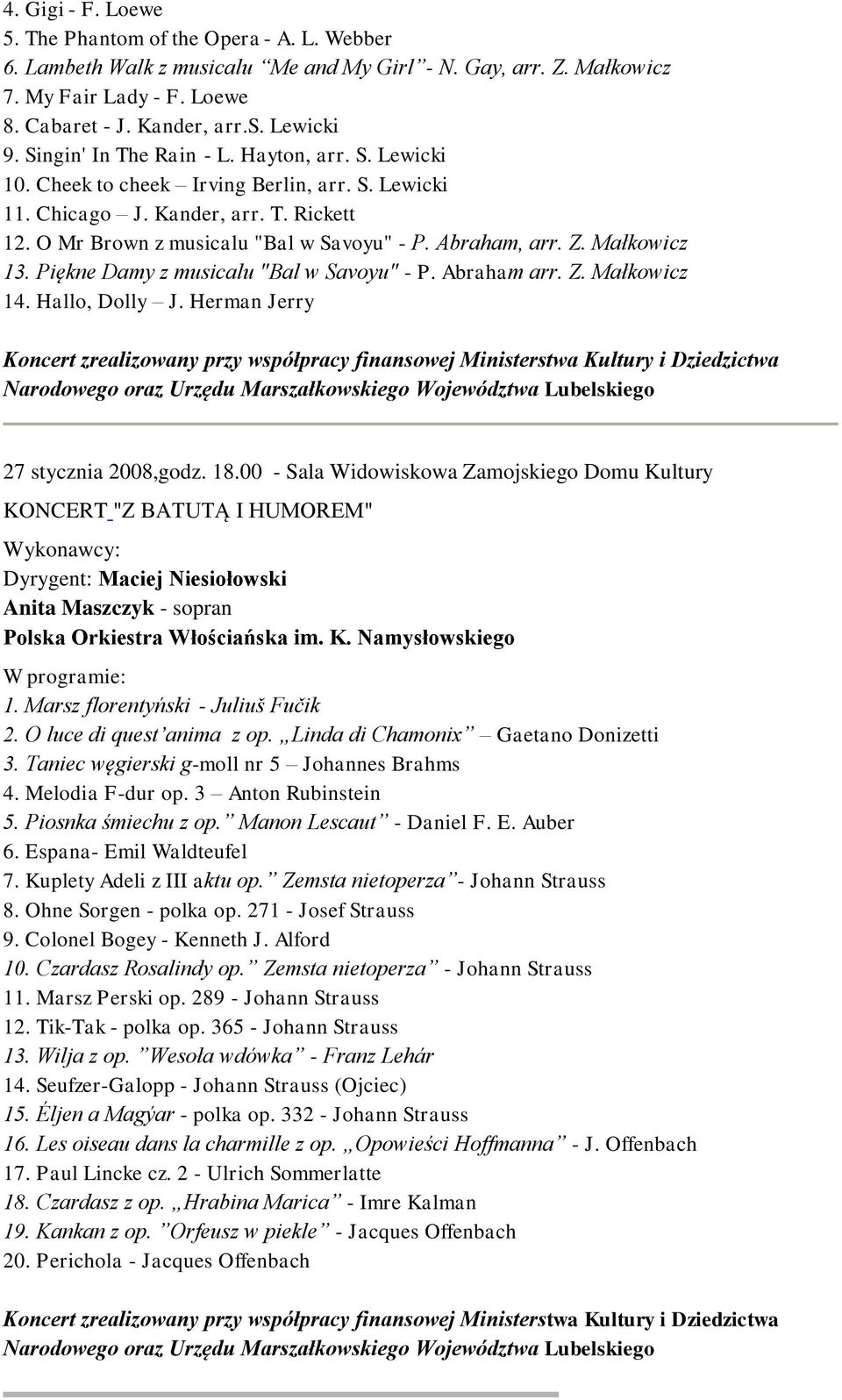 Małkowicz 13. Piękne Damy z musicalu "Bal w Savoyu" - P. Abraham arr. Z. Małkowicz 14. Hallo, Dolly J.