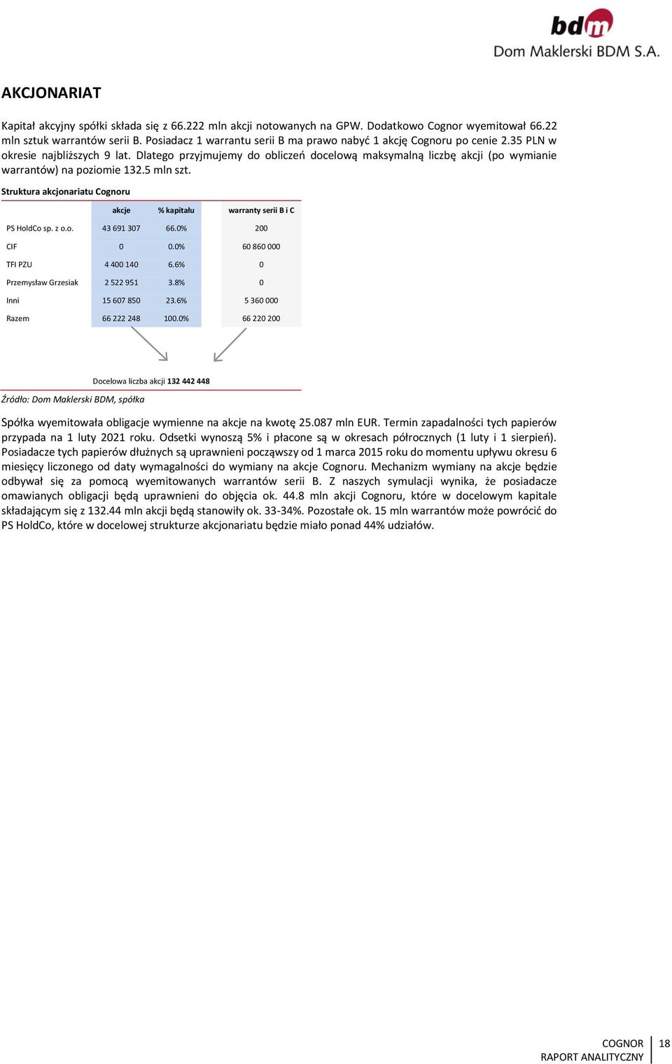 Dlatego przyjmujemy do obliczeń docelową maksymalną liczbę akcji (po wymianie warrantów) na poziomie 132.5 mln szt. Struktura akcjonariatu Cognoru akcje % kapitału warranty serii B i C PS HoldCo sp.