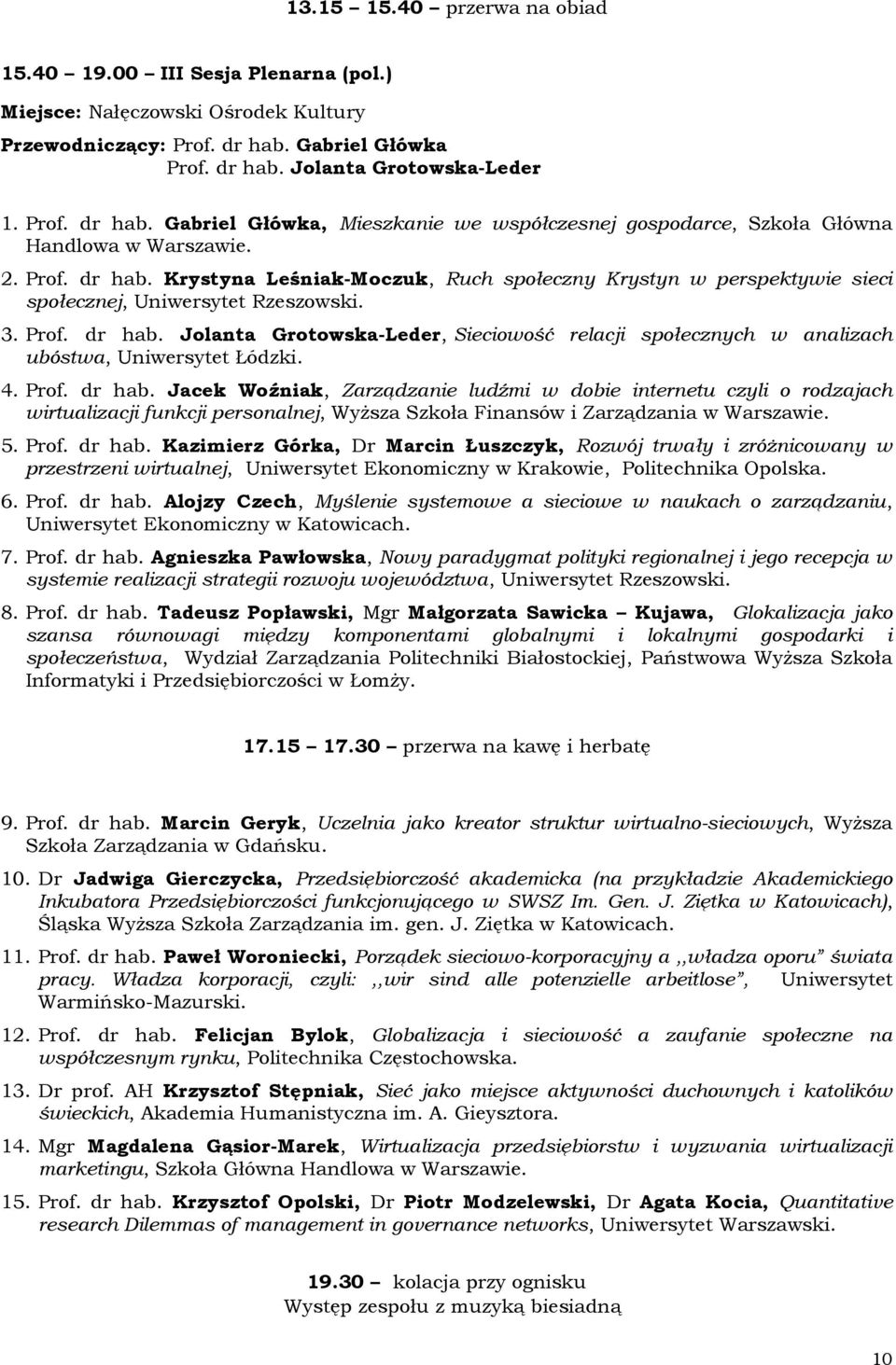 3. Prof. dr hab. Jolanta Grotowska-Leder, Sieciowość relacji społecznych w analizach ubóstwa, Uniwersytet Łódzki. 4. Prof. dr hab. Jacek Woźniak, Zarządzanie ludźmi w dobie internetu czyli o rodzajach wirtualizacji funkcji personalnej, Wyższa Szkoła Finansów i Zarządzania w Warszawie.