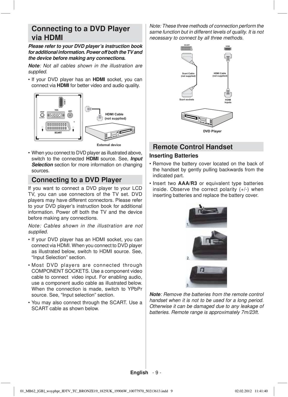 Note: These three methods of connection perform the same function but in different levels of quality. It is not necessary to connect by all three methods.