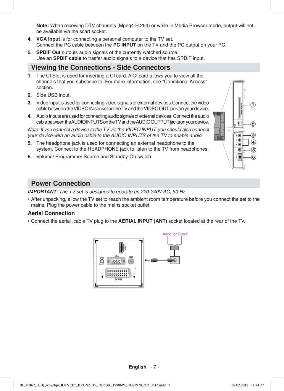 Use an SPDIF cable to trasfer audio signals to a device that has SPDIF input. Viewing the Connections - Side Connectors 1. The CI Slot is used for inserting a CI card.