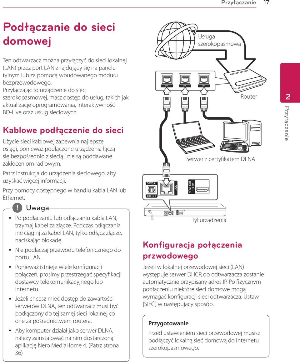 Kablowe podłączenie do sieci Użycie sieci kablowej zapewnia najlepsze osiągi, ponieważ podłączone urządzenia łączą się bezpośrednio z siecią i nie są poddawane zakłóceniom radiowym.