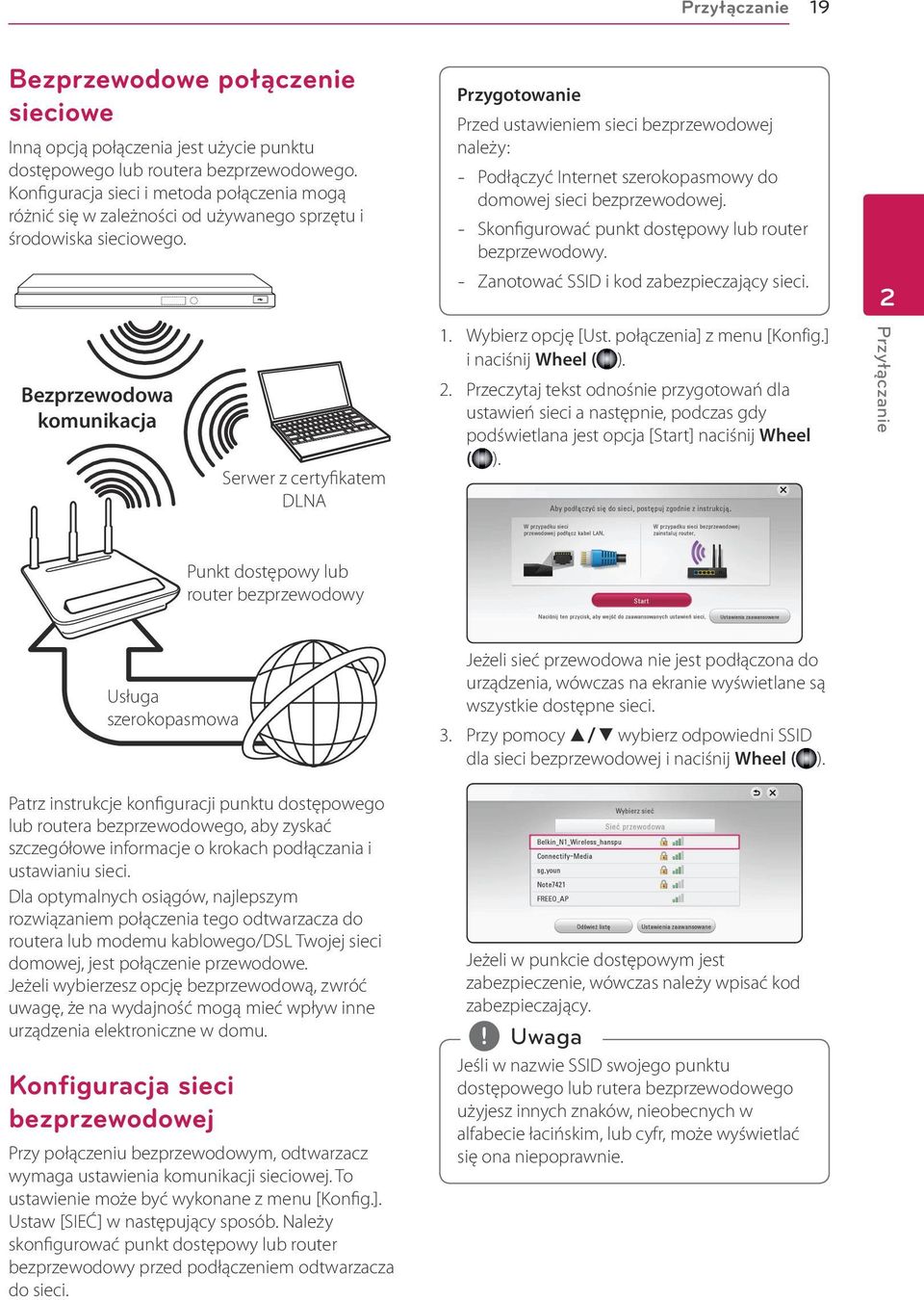 Bezprzewodowa komunikacja Serwer z certyfikatem DLNA Przygotowanie Przed ustawieniem sieci bezprzewodowej należy: -- Podłączyć Internet szerokopasmowy do domowej sieci bezprzewodowej.