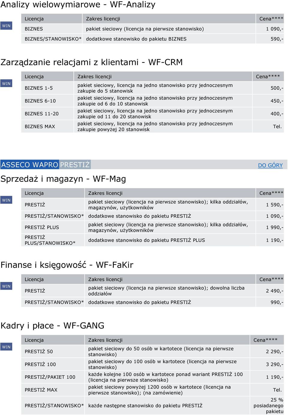 PRESTIŻ Sprzedaż i magazyn - WF-Mag PRESTIŻ 1 590,- PRESTIŻ/STANOWISKO* dodatkowe stanowisko do pakietu PRESTIŻ 1 090,- PRESTIŻ PLUS PRESTIŻ PLUS/STANOWISKO* 1 990,- dodatkowe stanowisko do pakietu