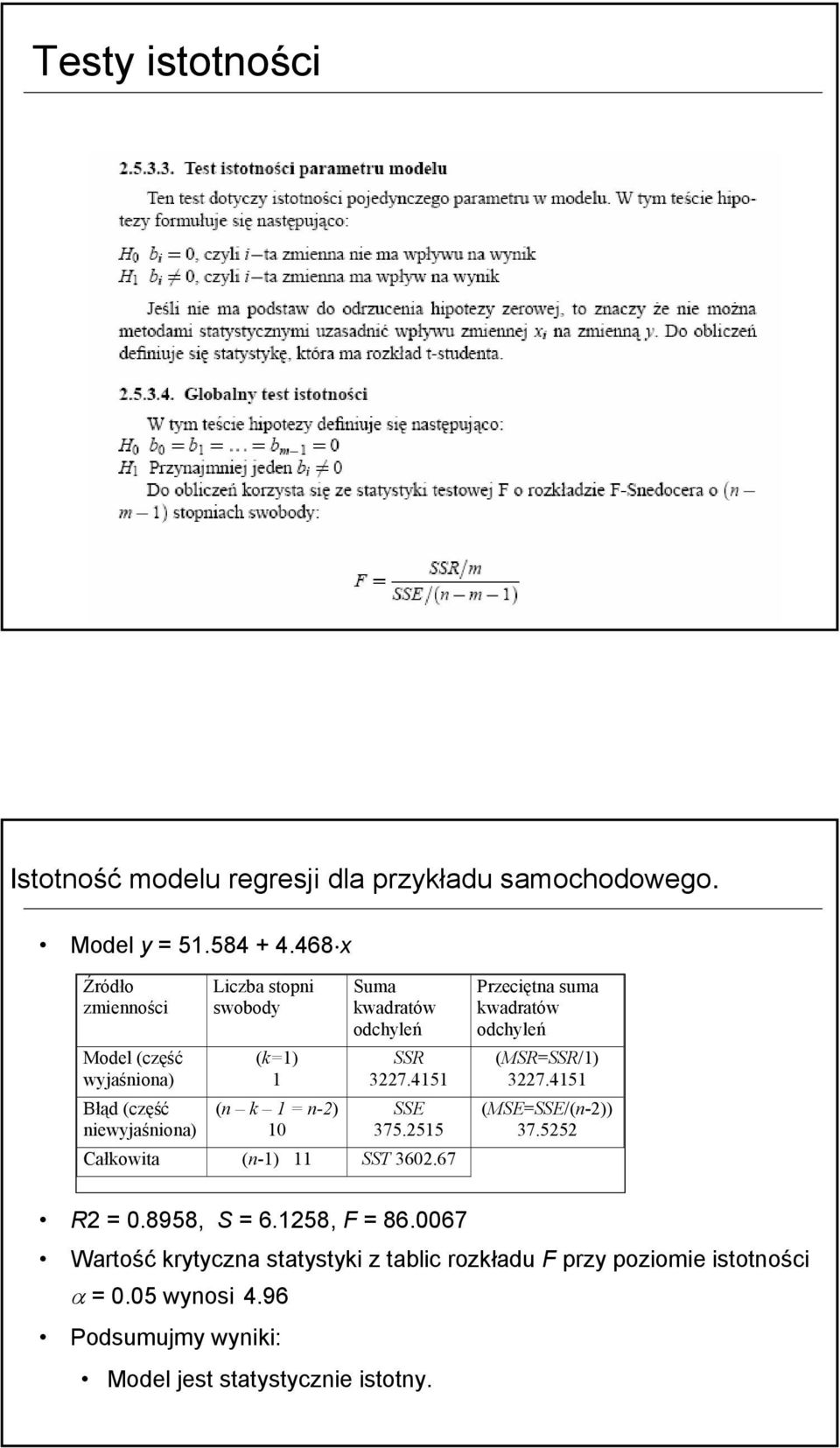 kwadratów odchyleń SSR 7.4 SSE 7. Całkowta (n-) SST 60.67 Przecętna suma kwadratów odchyleń (MSR=SSR/) 7.