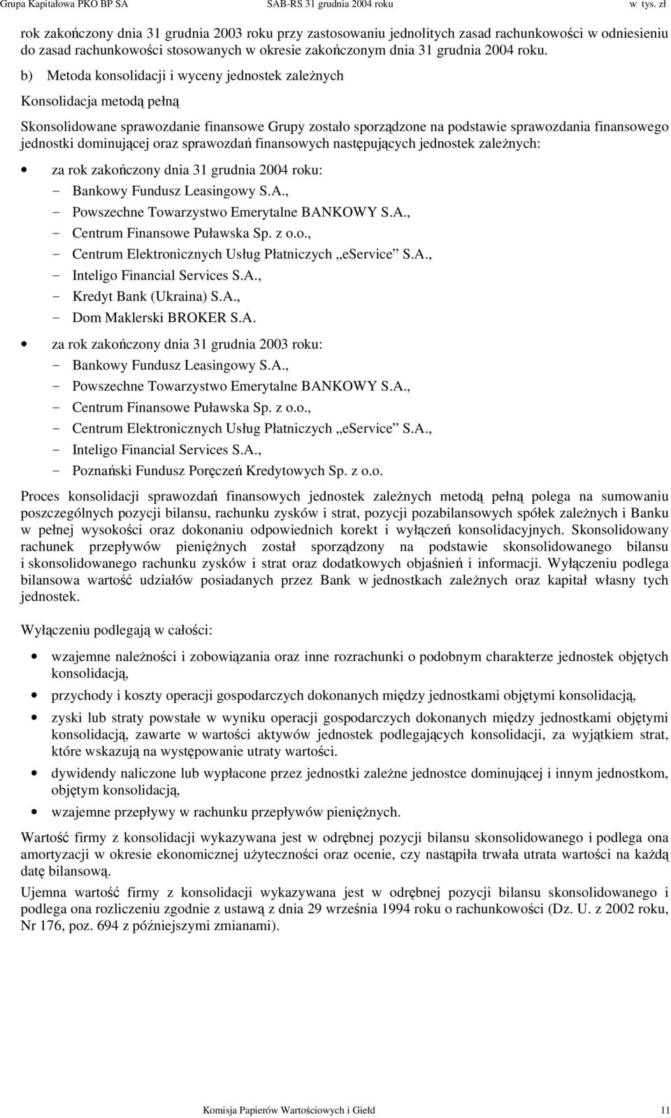 dominującej oraz sprawozdań finansowych następujących jednostek zależnych: za rok zakończony dnia 31 grudnia 2004 roku: - Bankowy Fundusz Leasingowy S.A.