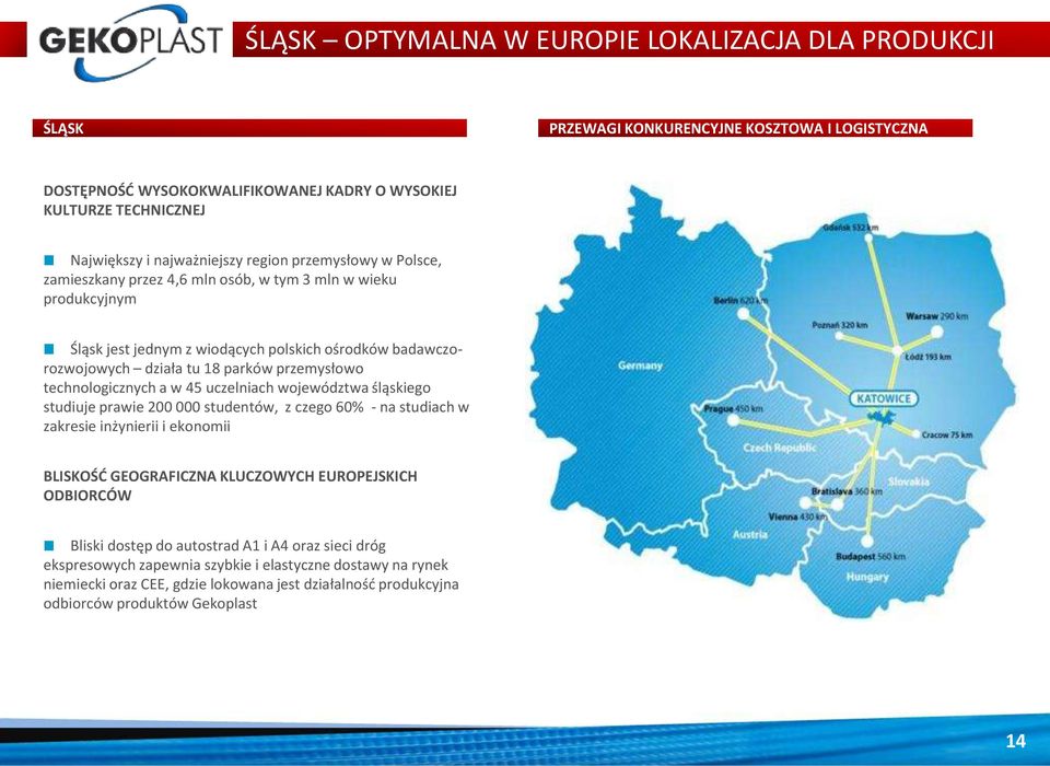 technlgicznych a w 45 uczelniach wjewództwa śląskieg studiuje prawie 200 000 studentów, z czeg 60% - na studiach w zakresie inżynierii i eknmii BLISKOŚĆ GEOGRAFICZNA KLUCZOWYCH EUROPEJSKICH