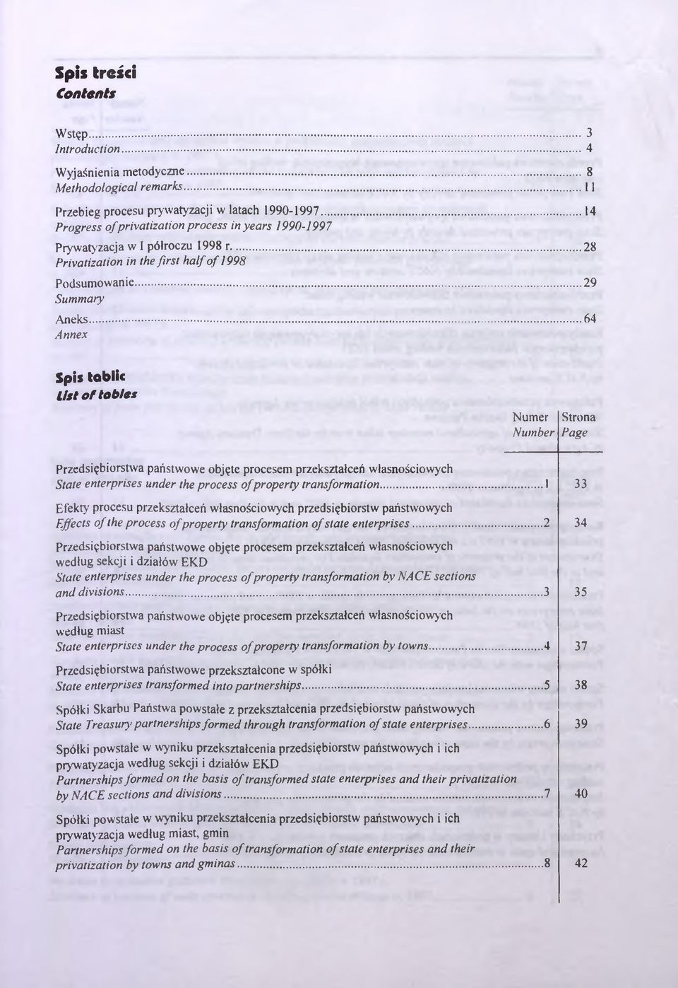 .. 64 Annex Spis tablic Ust of tables Numer Number Strona Page Przedsiębiorstwa państwowe objęte procesem przekształceń własnościowych State enterprises under the process o f property transformation.