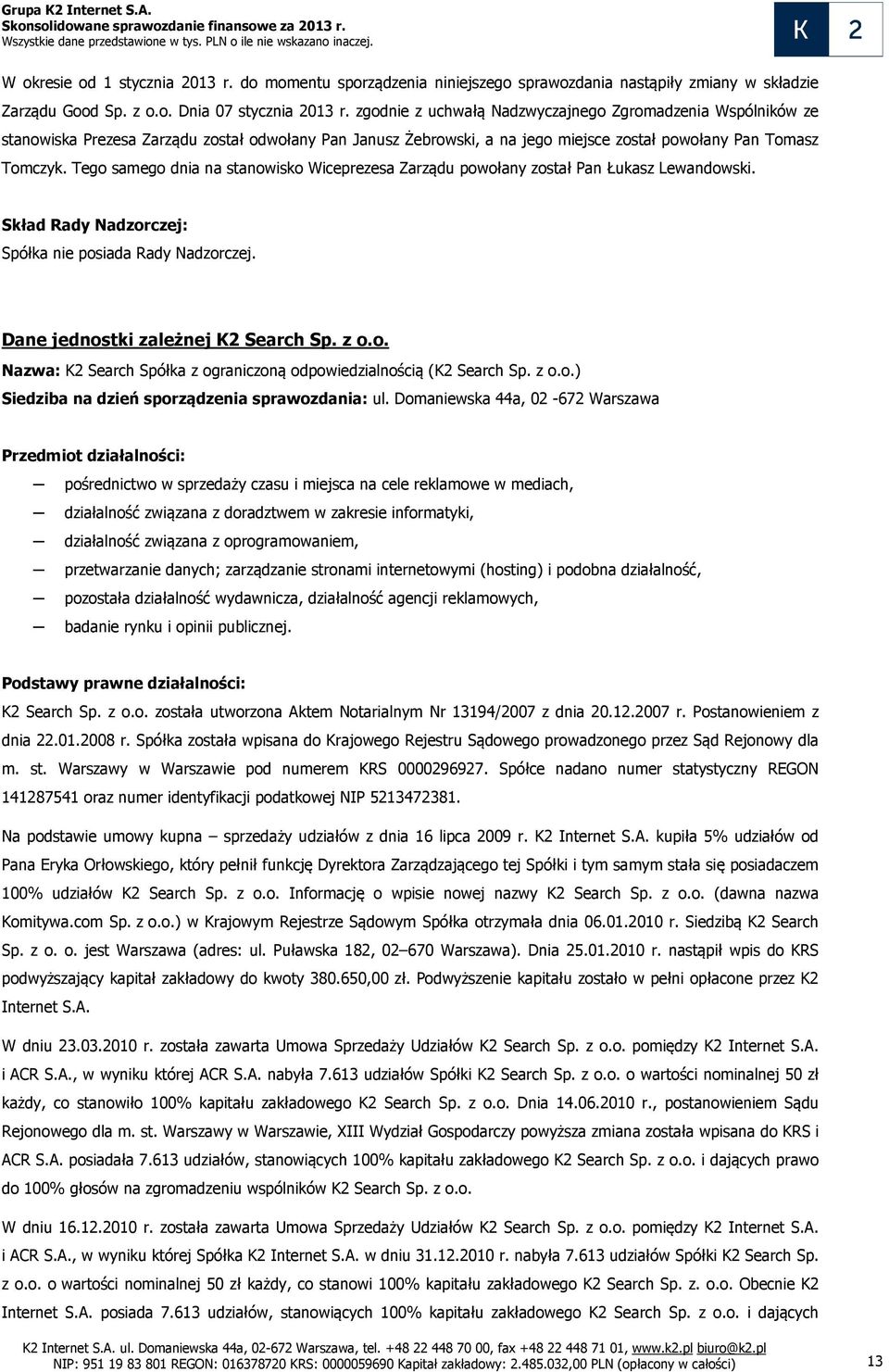 Tego samego dnia na stanowisko Wiceprezesa Zarządu powołany został Pan Łukasz Lewandowski. Skład Rady Nadzorczej: Spółka nie posiada Rady Nadzorczej. Dane jednostki zależnej K2 Search Sp. z o.o. Nazwa: K2 Search Spółka z ograniczoną odpowiedzialnością (K2 Search Sp.