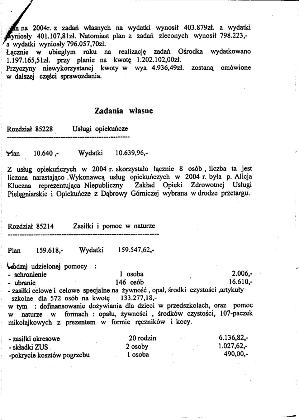 Zadania wlasne Rozdzia) 858 Ushigi opiekuricze Vian.60,- Wydatki.69,96,- Z ushig opiekunczych w 00 r. skorzystalo iacznie 8 osob, liczba ta jest liczona narastajqco.