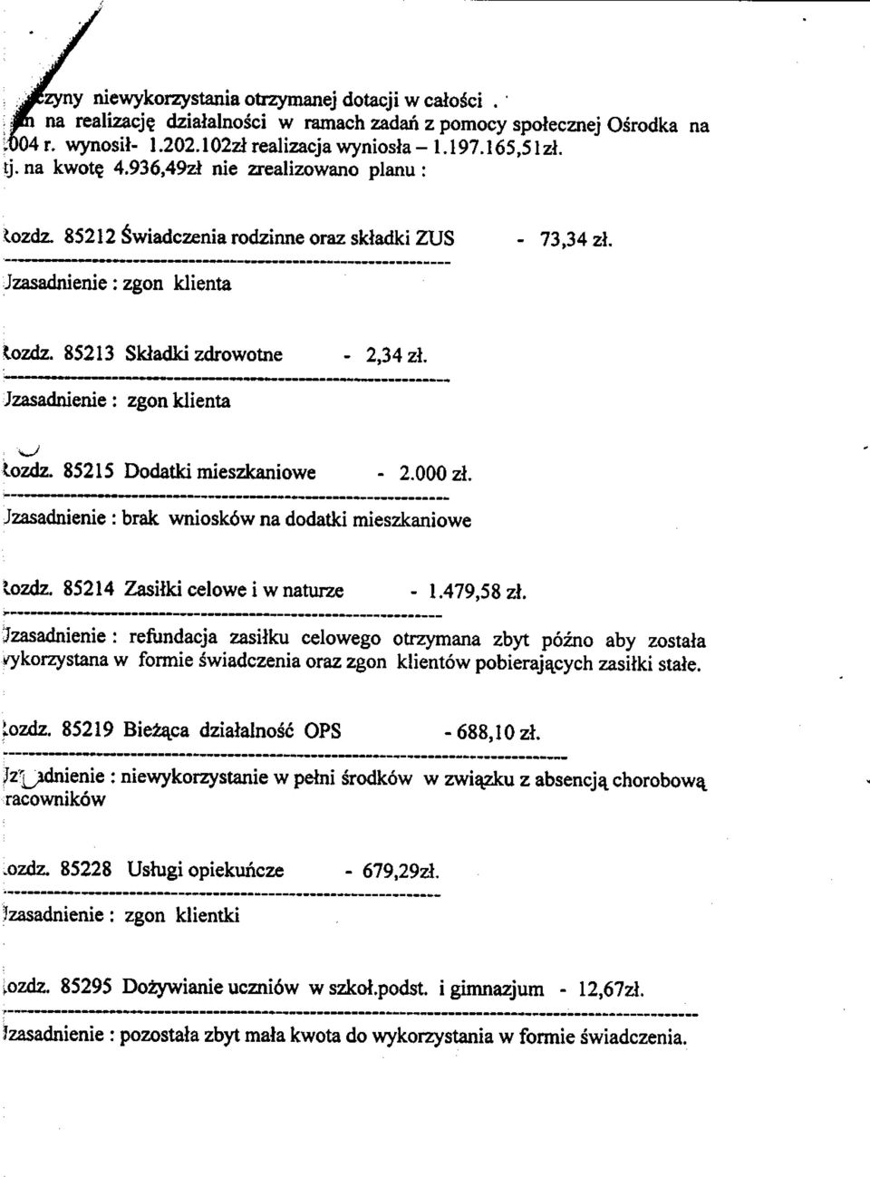 000 zi. Jzasadnienie : brak wniosk6w na dodatki mieszkaniowe lozdz. 85 Zasiiki celowe i w naturze -.79,58 zi.