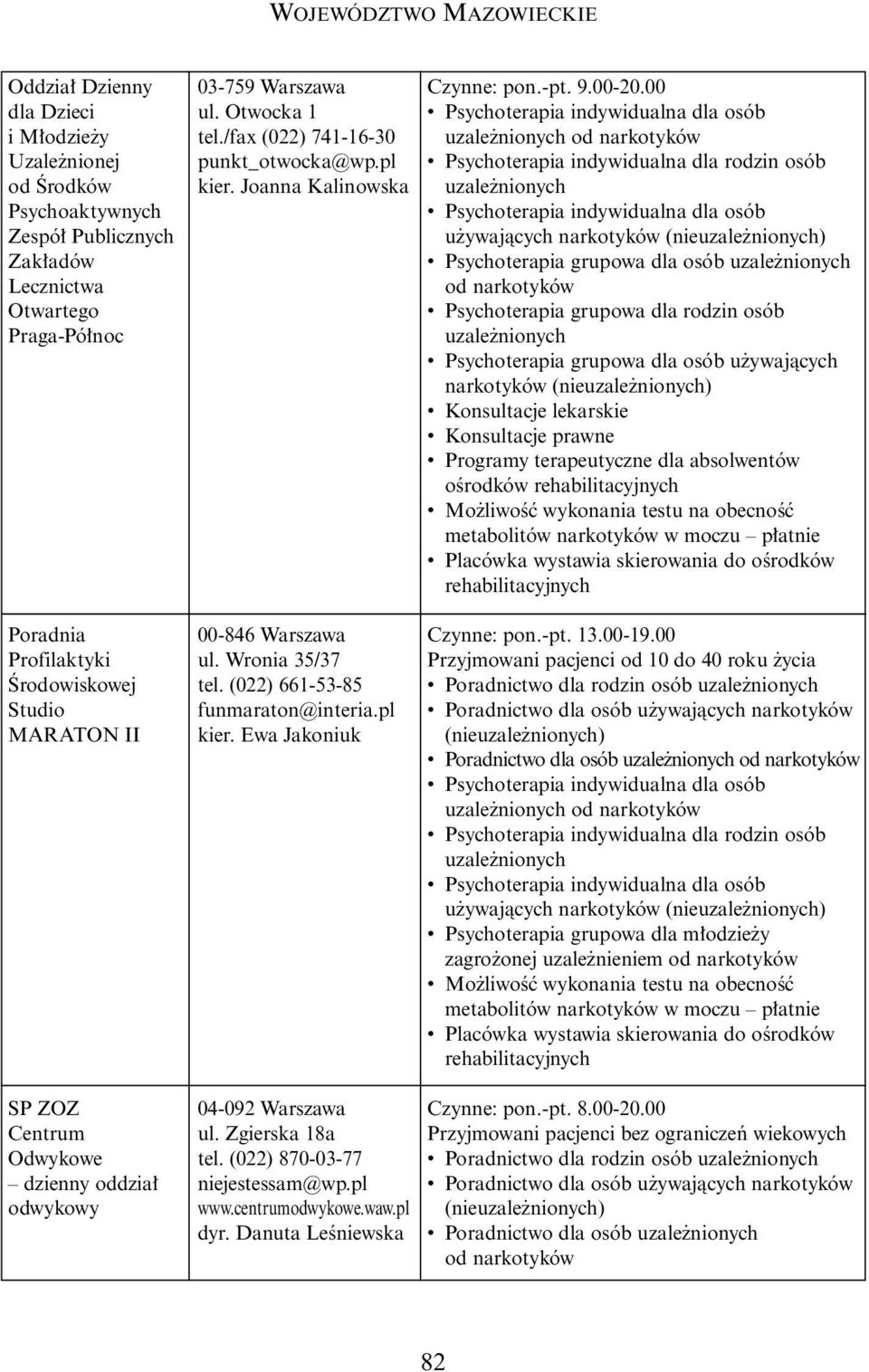 00 u ywajàcych narkotyków (nie) Psychoterapia grupowa dla osób narkotyków (nie) Konsultacje prawne Mo liwoêç wykonania testu na obecnoêç metabolitów narkotyków w moczu p atnie Placówka wystawia