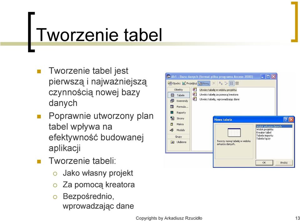 efektywność budowanej aplikacji Tworzenie tabeli: Jako własny projekt