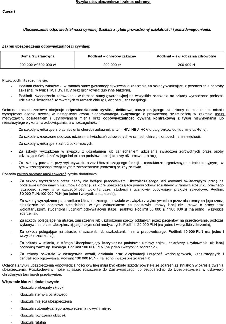 Podlimit chroby zakaźne - w ramach sumy gwarancyjnej wszystkie zdarzenia na szkody wynikające z przeniesienia choroby zakaźnej, w tym: HIV, HBV, HCV oraz gronkowiec (lub inne bakterie), - Podlimit