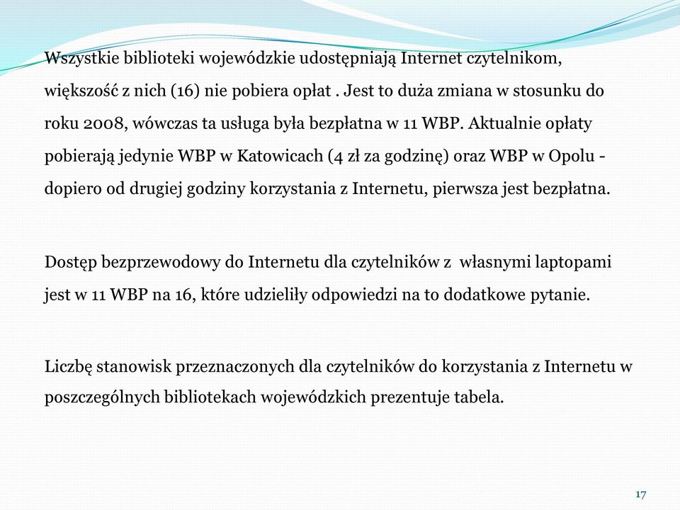 Aktualnie opłaty pobierają jedynie WBP w Katowicach (4 zł za godzinę) oraz WBP w Opolu - dopiero od drugiej godziny korzystania z Internetu, pierwsza jest