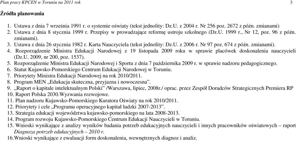 674 z późn. zmianami). 4. Rozporządzenie Ministra Edukacji Narodowej z 19 listopada 2009 roku w sprawie placówek doskonalenia nauczycieli (Dz.U. 2009, nr 200, poz. 1537). 5.