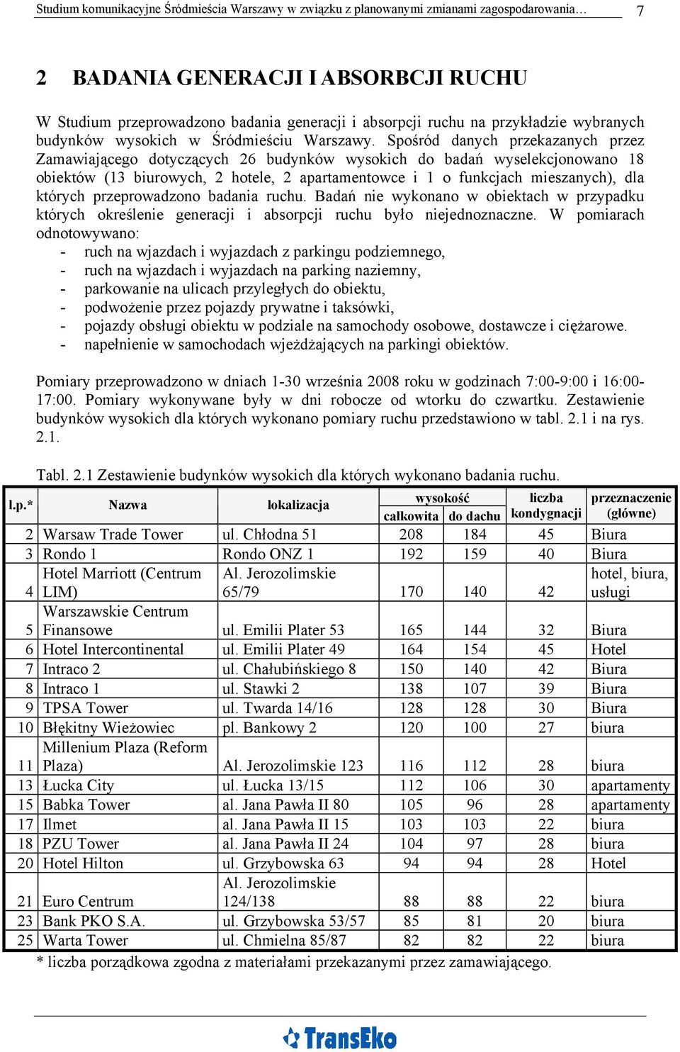 Spośród danych przekazanych przez Zamawiającego dotyczących 26 budynków wysokich do badań wyselekcjonowano 18 obiektów (13 biurowych, 2 hotele, 2 apartamentowce i 1 o funkcjach mieszanych), dla