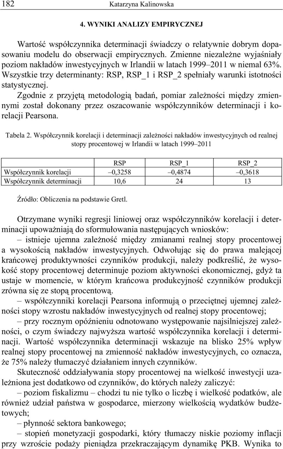 Zgodnie z przyj t metodologi bada, pomiar zale no ci mi dzy zmiennymi zosta dokonany przez oszacowanie wspó czynników determinacji i korelacji Pearsona. Tabela 2.