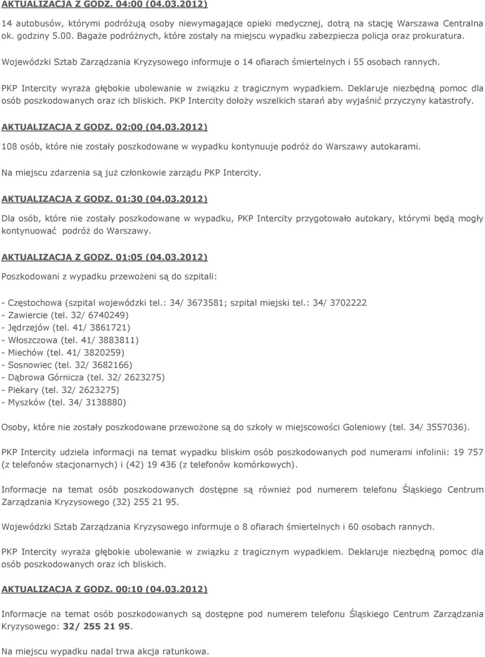 Deklaruje niezbędną pomoc dla osób poszkodowanych oraz ich bliskich. PKP Intercity dołoży wszelkich starań aby wyjaśnić przyczyny katastrofy. AKTUALIZACJA Z GODZ. 02:00 (04.03.