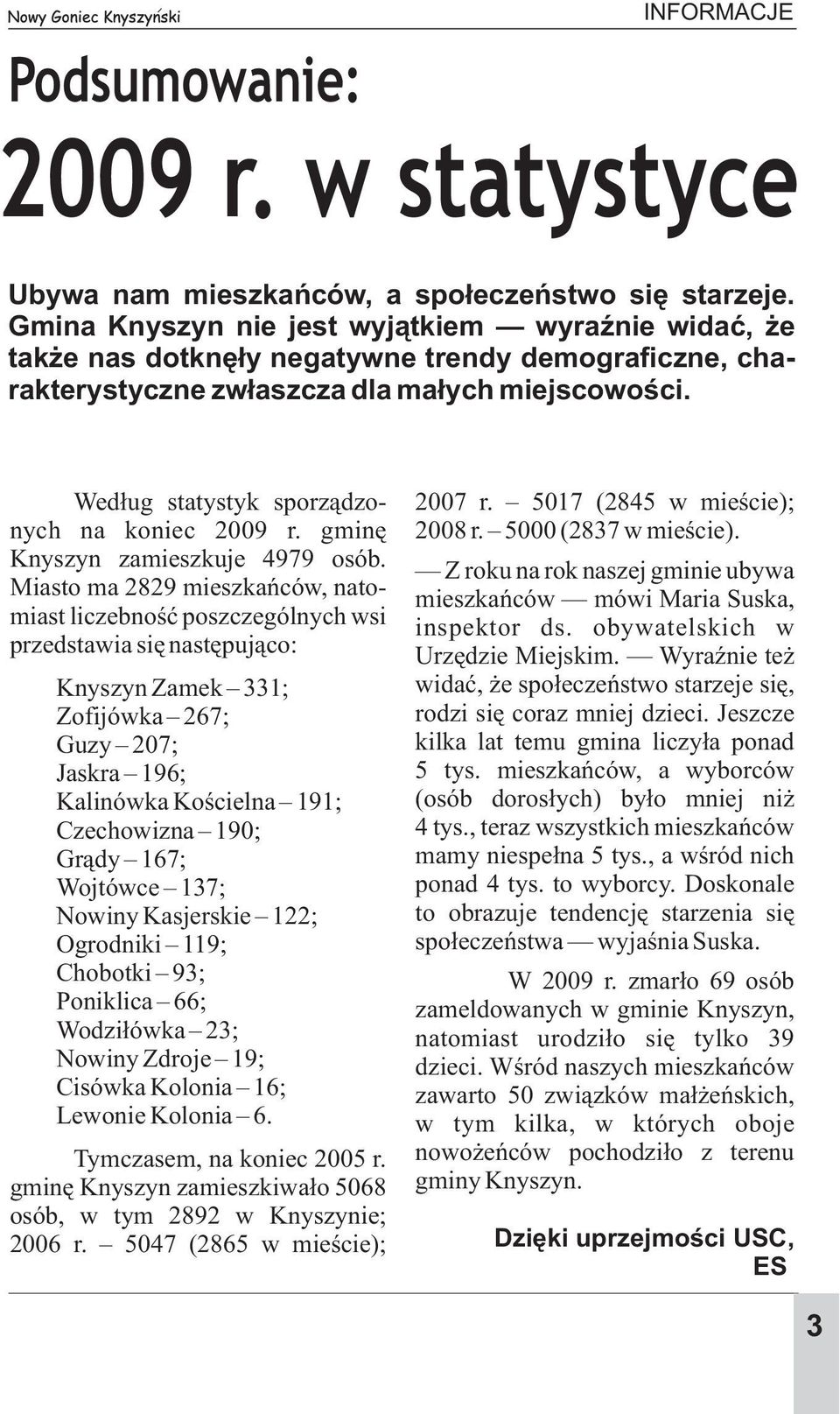 Wed³ug statystyk sporz¹dzonych na koniec 2009 r. gminê Knyszyn zamieszkuje 4979 osób.