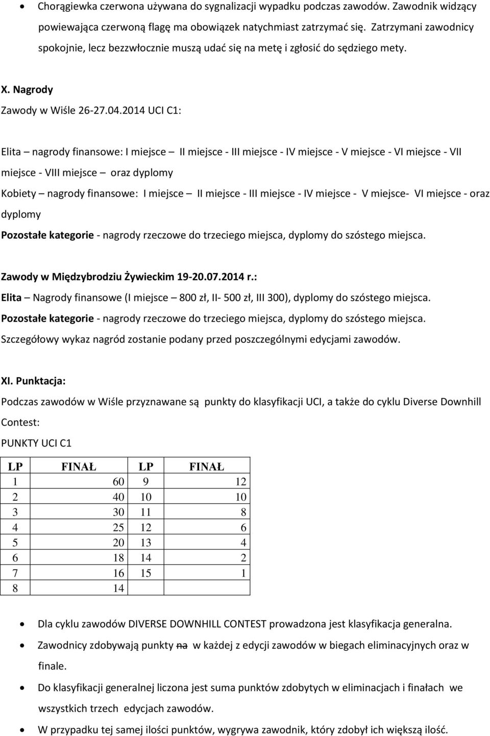 2014 UCI C1: Elita nagrody finansowe: I miejsce II miejsce - III miejsce - IV miejsce - V miejsce - VI miejsce - VII miejsce - VIII miejsce oraz dyplomy Kobiety nagrody finansowe: I miejsce II