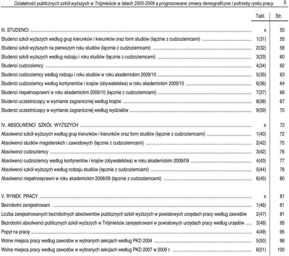 .. 2(32) 58 Studenci szkół wyższych według rodzaju i roku studiów (łącznie z cudzoziemcami)... 3(33) 60 Studenci cudzoziemcy.