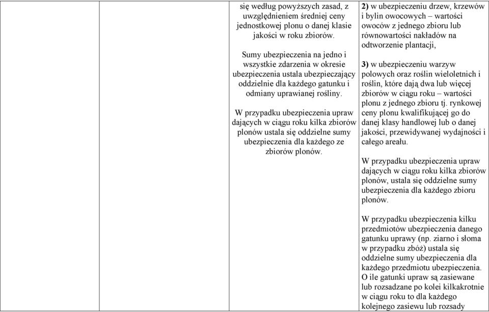 W przypadku ubezpieczenia upraw dających w ciągu roku kilka zbiorów plonów ustala się oddzielne sumy ubezpieczenia dla każdego ze zbiorów plonów.