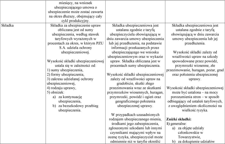 Wysokość składki ubezpieczeniowej ustala się w zależności od: 1) sumy ubezpieczenia, 2) formy ubezpieczenia, 3) zakresu udzielanej ochrony ubezpieczeniowej, 4) rodzaju uprawy, 5) obniżek: a) za