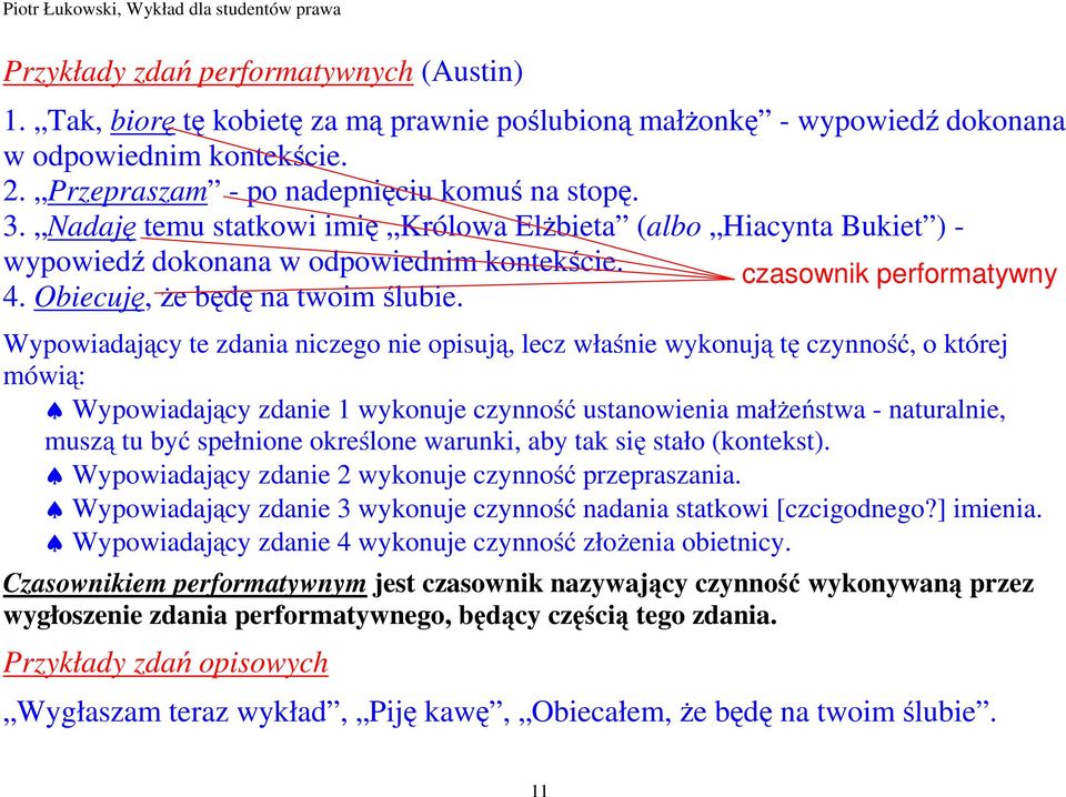 Wypowiadający te zdania niczego nie opisują, lecz właśnie wykonują tę czynność, o której mówią: Wypowiadający zdanie 1 wykonuje czynność ustanowienia małŝeństwa - naturalnie, muszą tu być spełnione